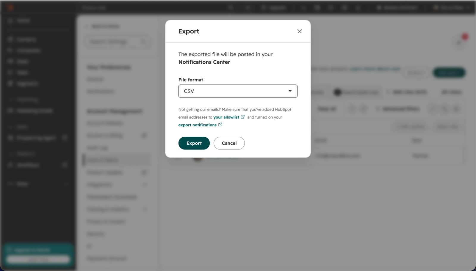 The HubSpot export dialog with CSV selected