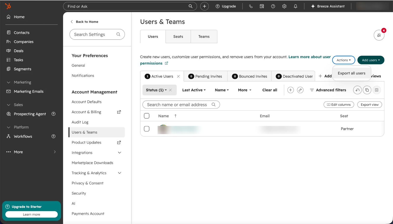 The Actions menu open with Export all users highlighted