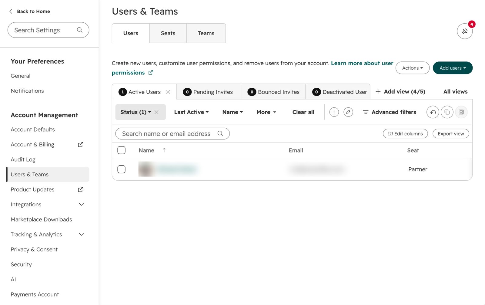 HubSpot settings with Users & Teams selected and the Actions button visible